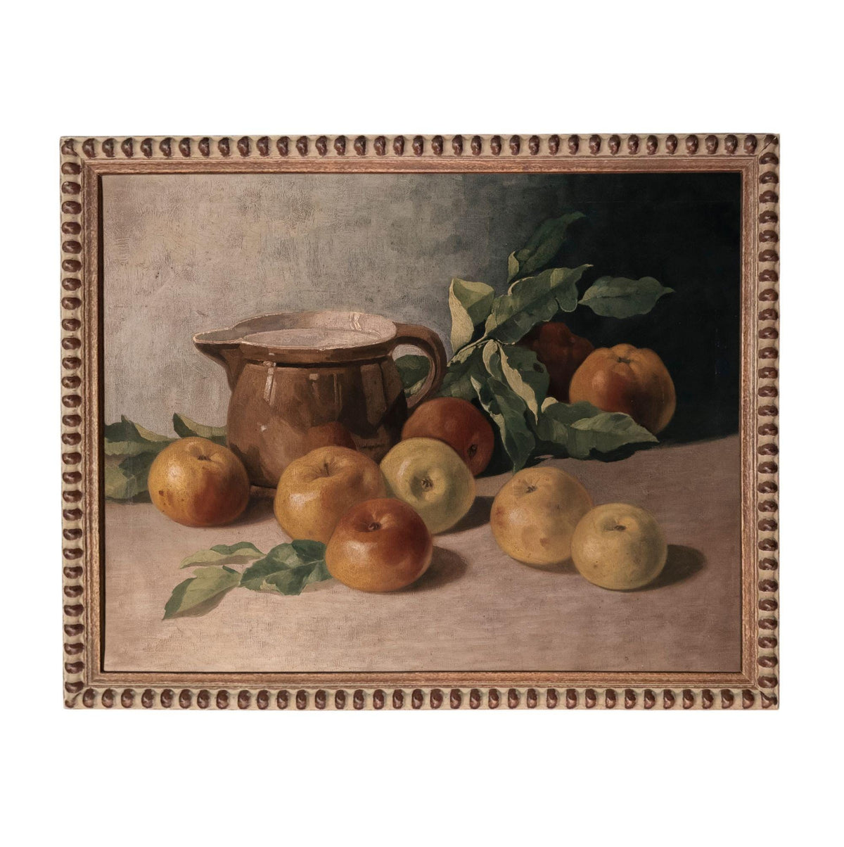 The image is a still life painting featuring a brown pitcher, several apples, and green leaves on a table.