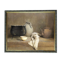 The image is a painting of a wooden shelf with various kitchen items, including a large pot, a teapot, a bowl, and a cloth.