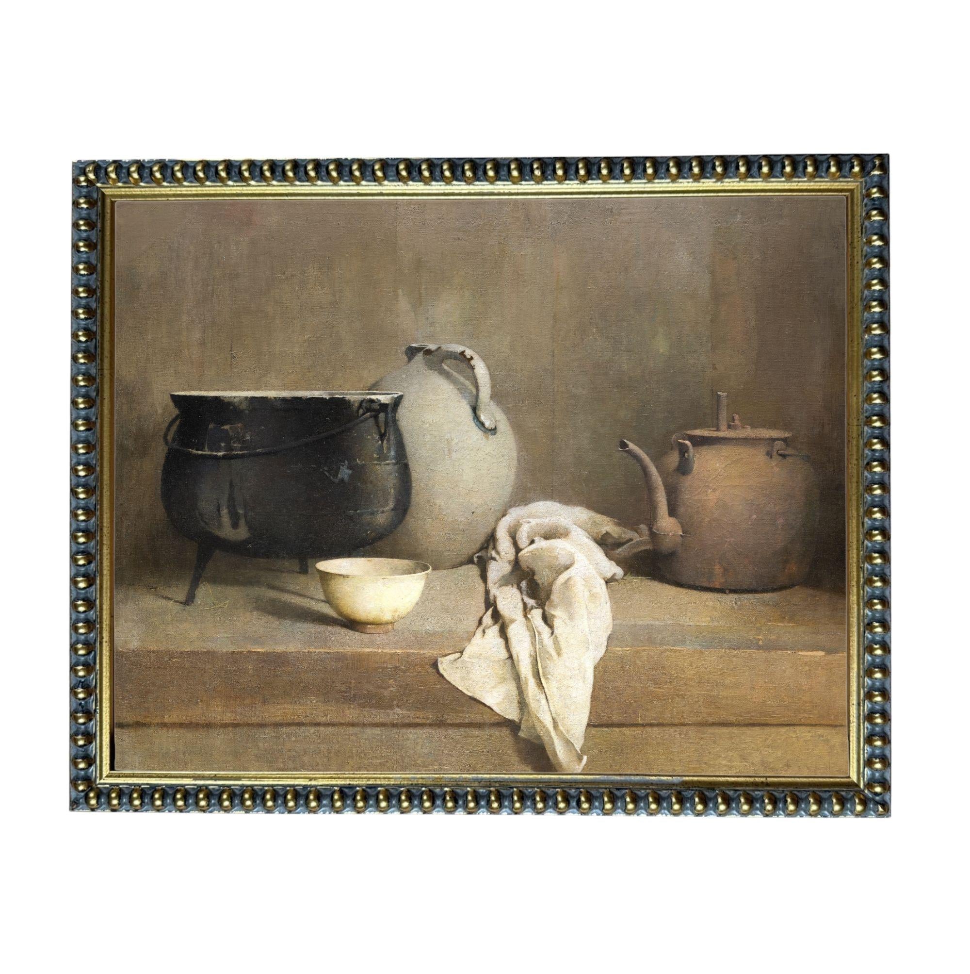The image is a painting of a wooden shelf with various kitchen items, including a large pot, a teapot, a bowl, and a cloth.