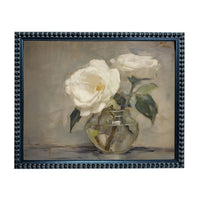 A framed painting depicting two white roses in a glass vase.