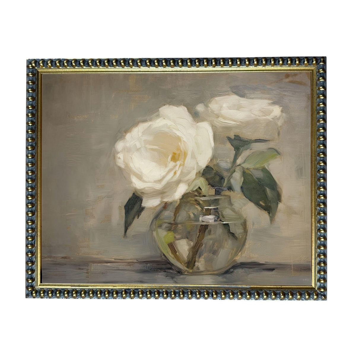 A painting of two white roses in a glass vase, set against a neutral background.