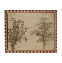 two trees, one larger and one smaller, set against a light brown background. The trees are depicted in a detailed, monochromatic style, with intricate lines and shading that create a sense of depth and texture. The image is framed with a decorative border, adding an artistic touch to the overall composition.