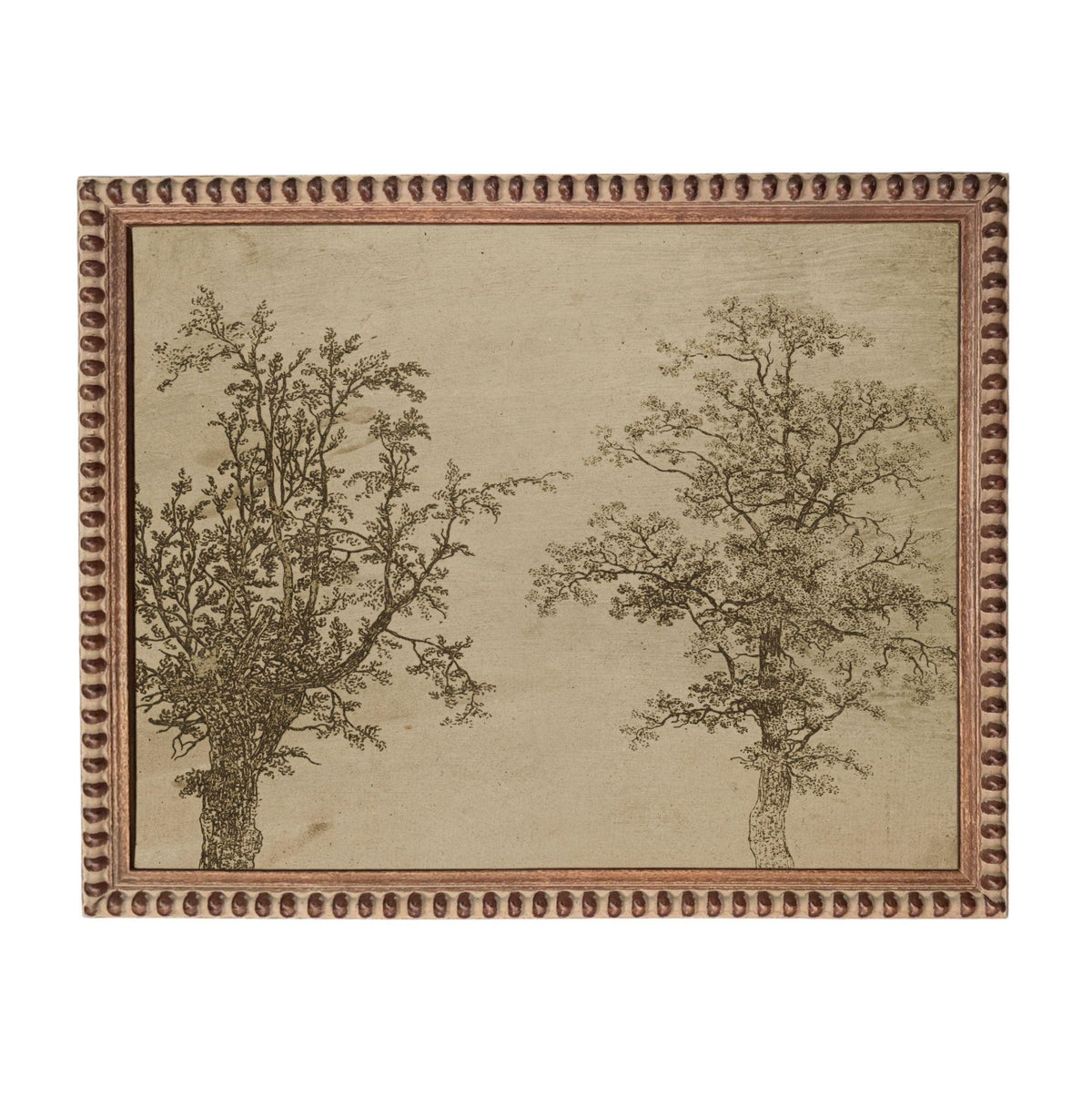 two trees, one larger and one smaller, set against a light brown background. The trees are depicted in a detailed, monochromatic style, with intricate lines and shading that create a sense of depth and texture. The image is framed with a decorative border, adding an artistic touch to the overall composition.