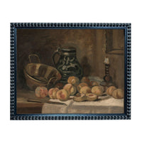 The image is a painting of a still life scene with various fruits and a vase.