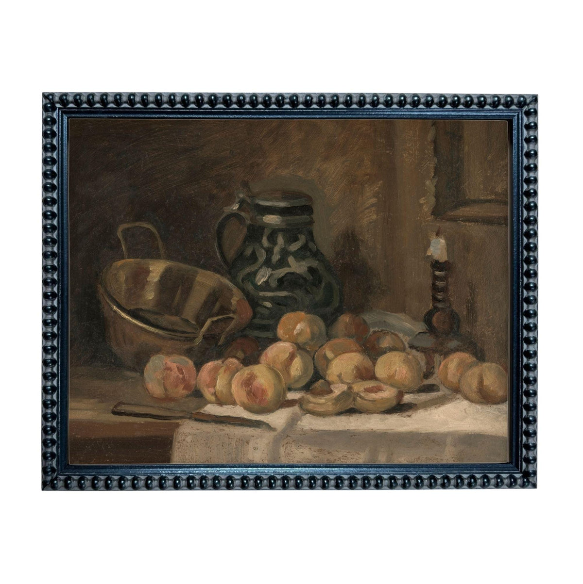 The image is a painting of a still life scene with various fruits and a vase.