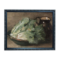 The image is a painting of a green vegetable, possibly lettuce, placed on a plate.