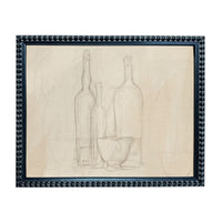 A framed drawing of three bottles and a bowl, depicting a still life composition.