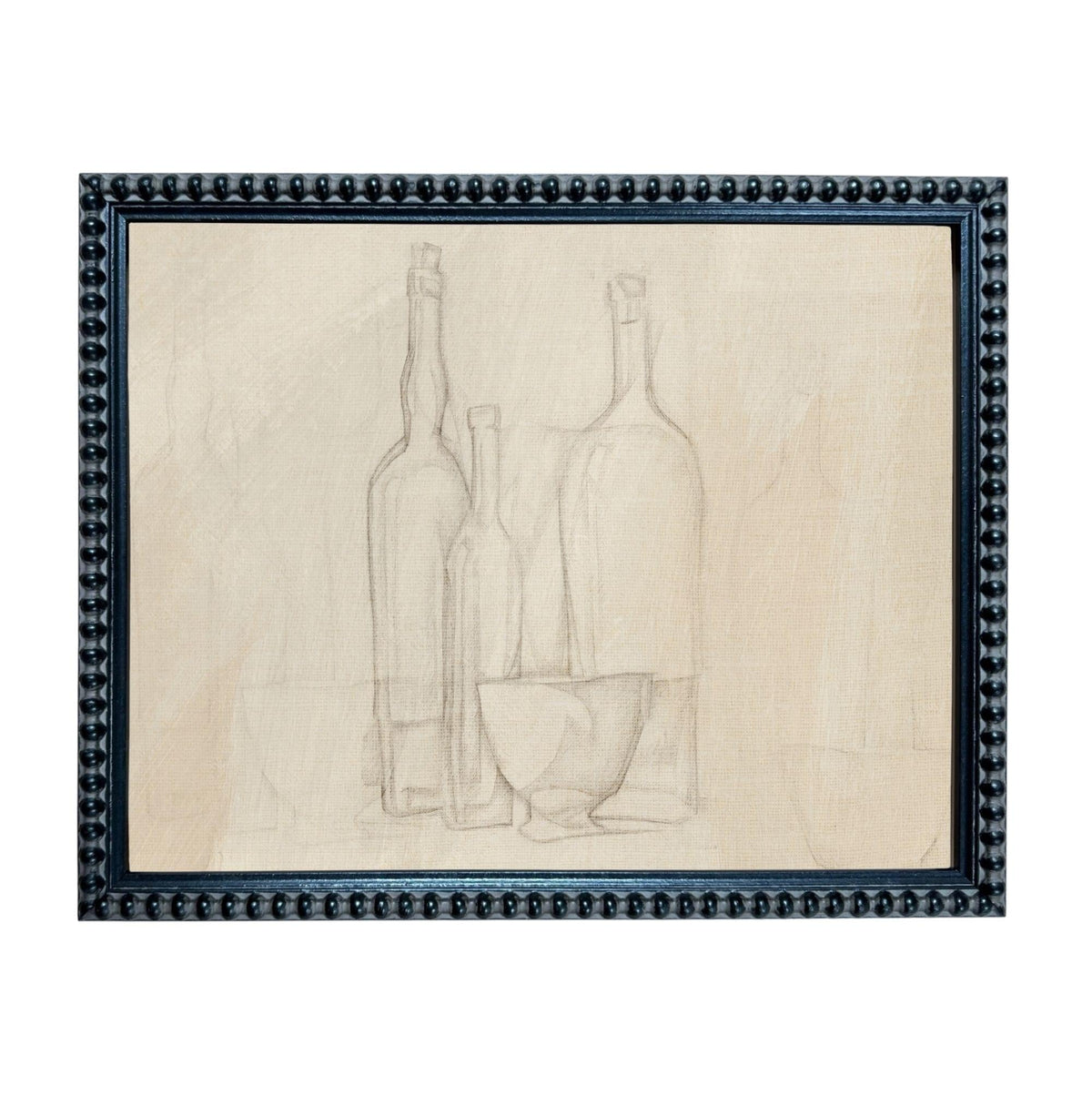 A framed drawing of three bottles and a bowl, depicting a still life composition.