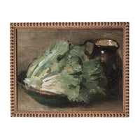 The image is an oil painting depicting a still life scene with a green vegetable and a dark-colored container.