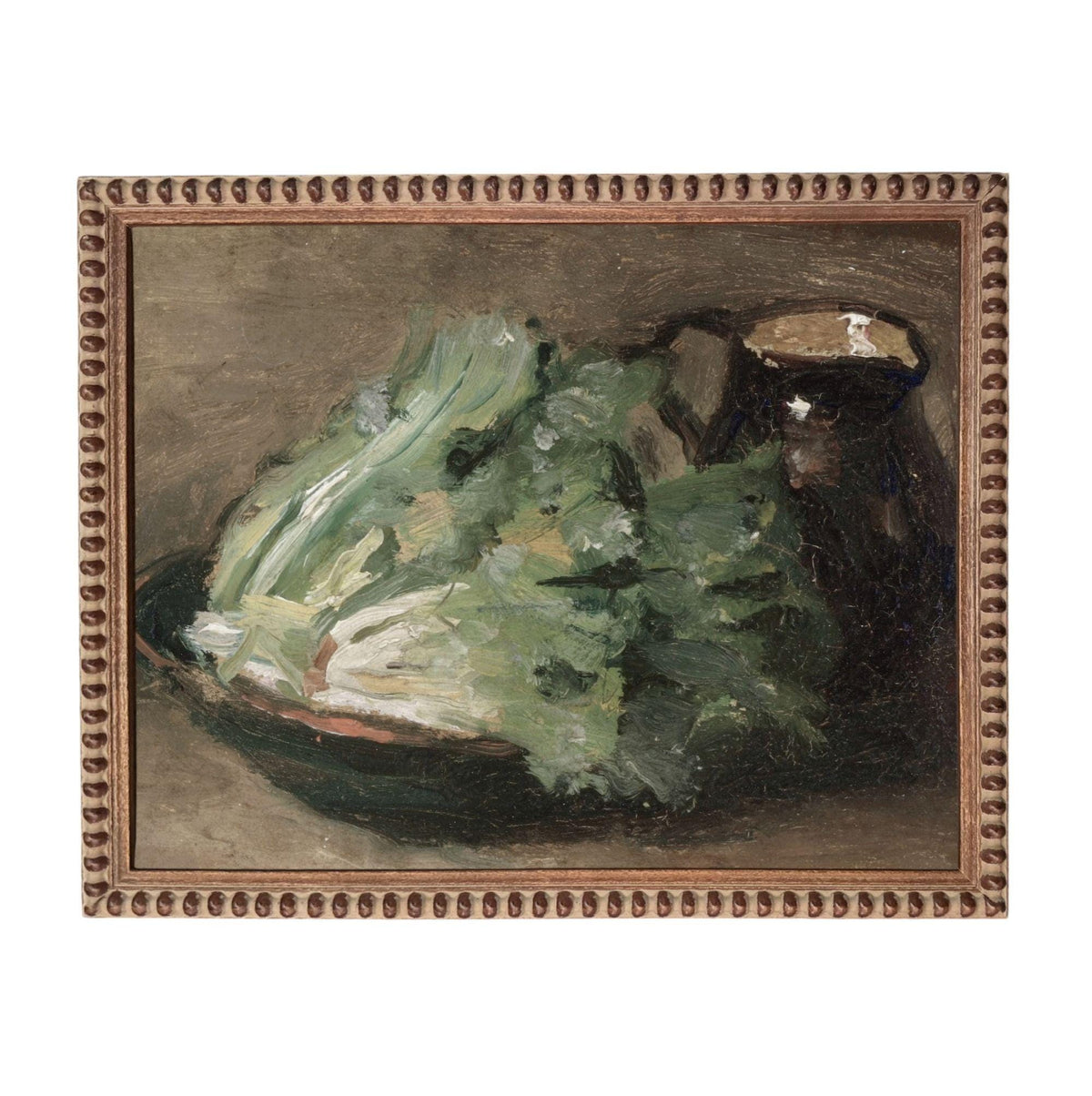 The image is an oil painting depicting a still life scene with a green vegetable and a dark-colored container.