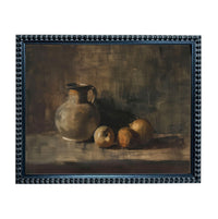 The image is a still life painting featuring a vase and three apples arranged on a surface.