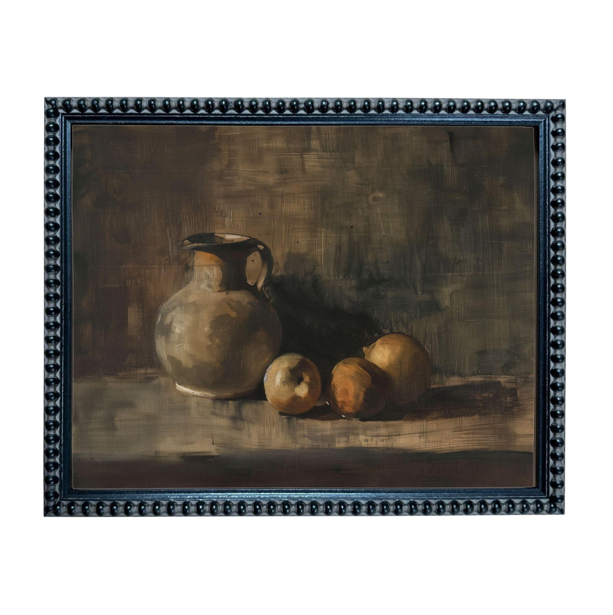 The image is a still life painting featuring a vase and three apples arranged on a surface.