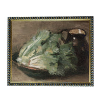 The image is a painting of a green vegetable, possibly a head of lettuce, placed on a plate.
