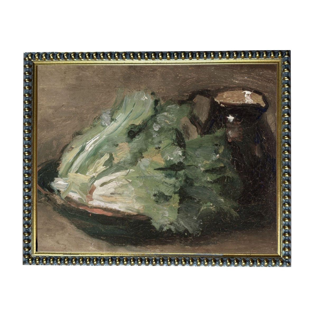 The image is a painting of a green vegetable, possibly a head of lettuce, placed on a plate.