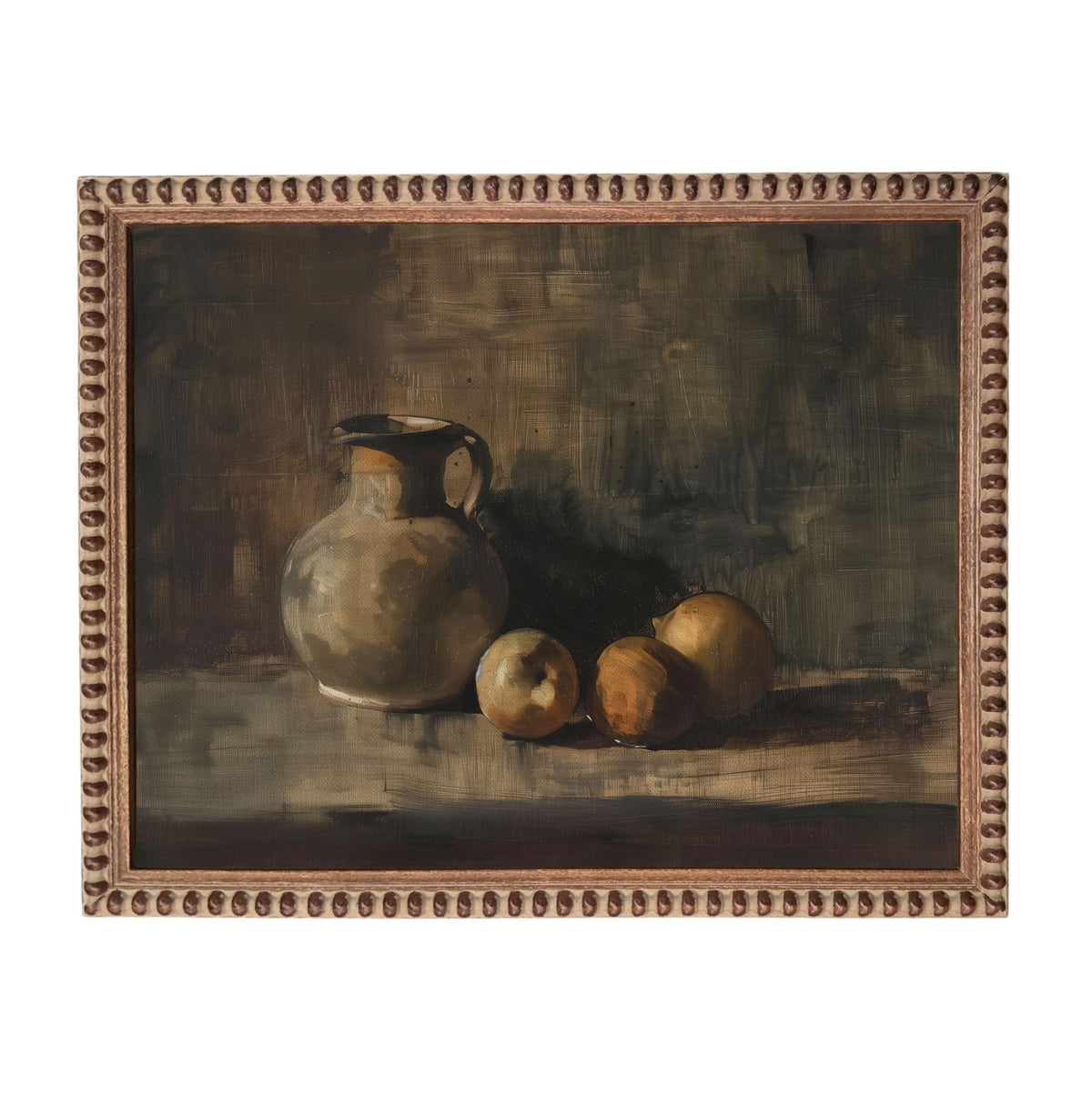 The image is a painting of a vase and three lemons placed on a table.