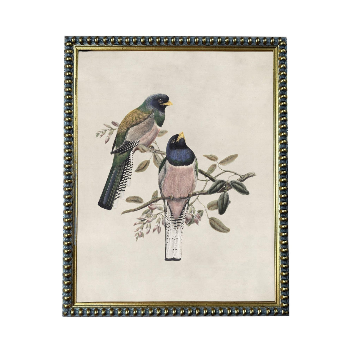 A framed painting depicting two colorful birds perched on a branch with leaves.