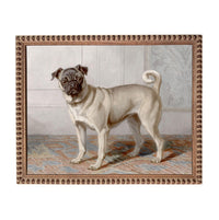 A pug dog standing on a rug in a room, with a decorative wooden frame surrounding the image.