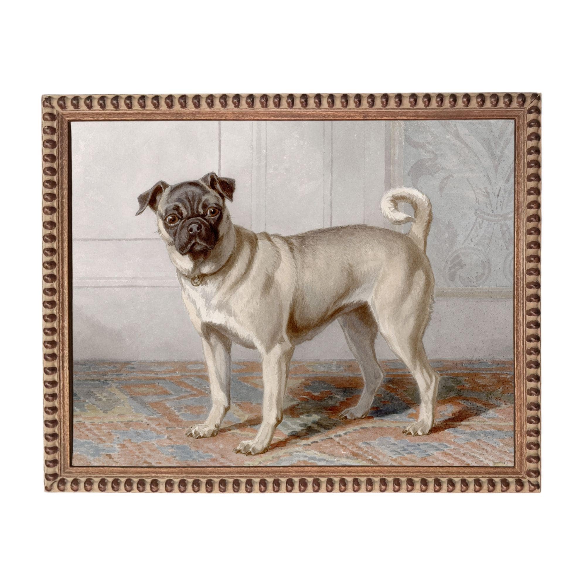 A pug dog standing on a rug in a room, with a decorative wooden frame surrounding the image.