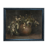 The image is a painting of a vase filled with flowers and leaves, set against a dark background.