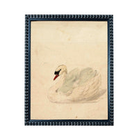 A framed painting of a swan, with a light beige background and a dark frame.