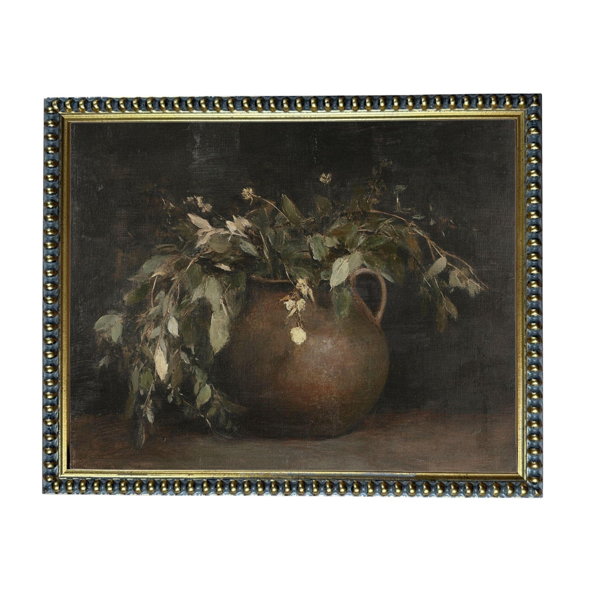 The image is a painting of a vase filled with flowers and leaves, set against a dark background.