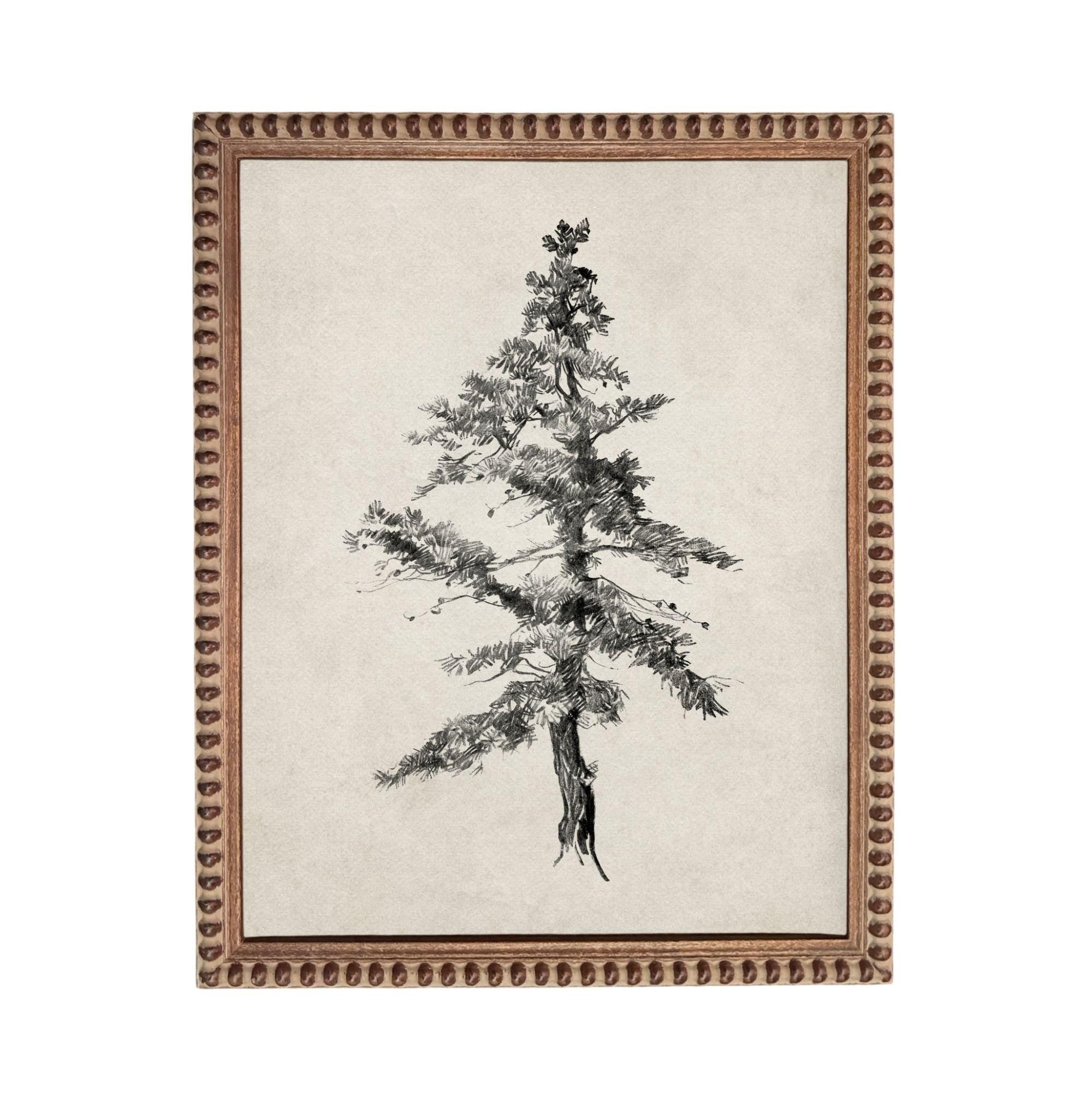 A framed black and white illustration of a tree with intricate details and a textured background.