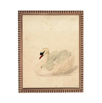 A painting of a swan in a brown frame.