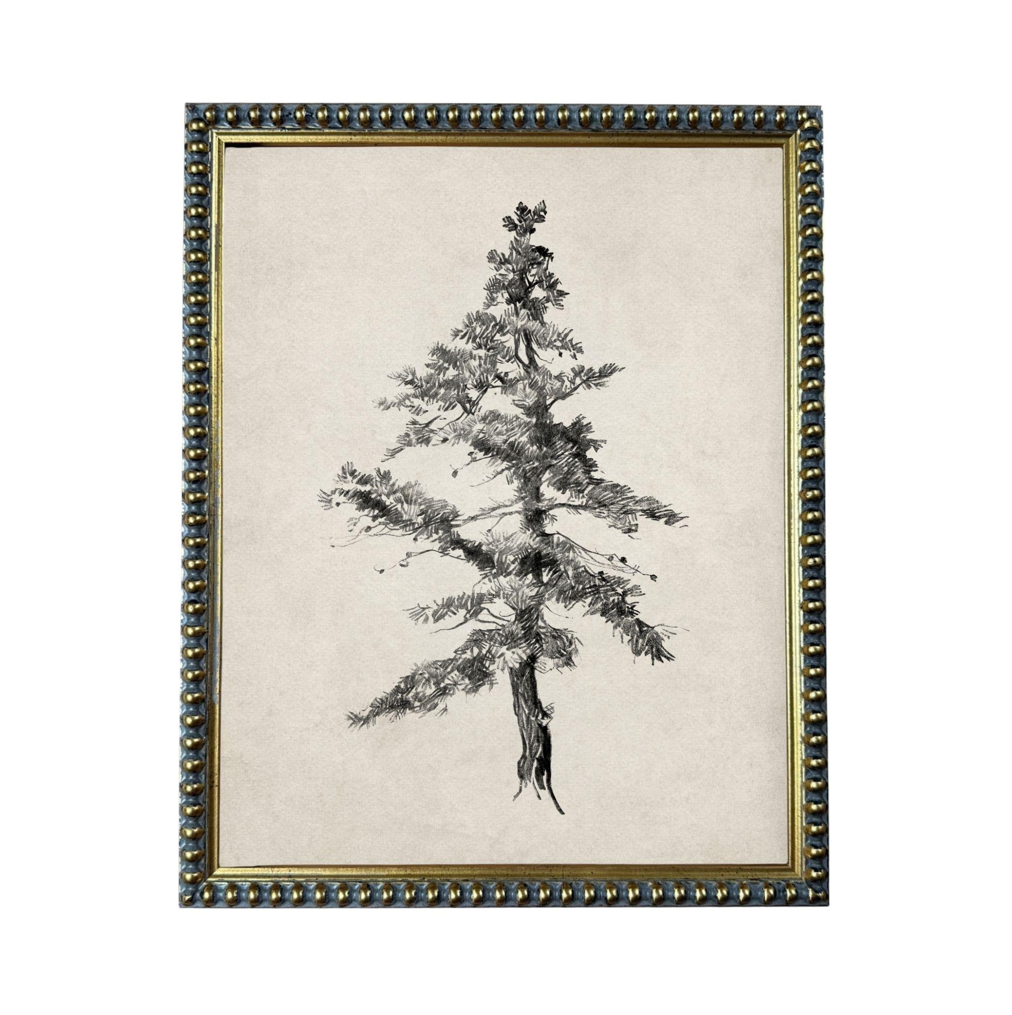 A framed black and white illustration of a tree with intricate branches and foliage.