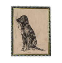 A black and white illustration of a dog sitting on the ground, wearing a collar and leash.