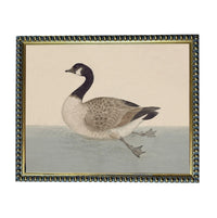 A painting of a duck swimming in a body of water, framed in a decorative gold frame.
