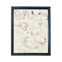 a collection of stylized rabbit illustrations, each with unique features and poses, arranged in a frame.