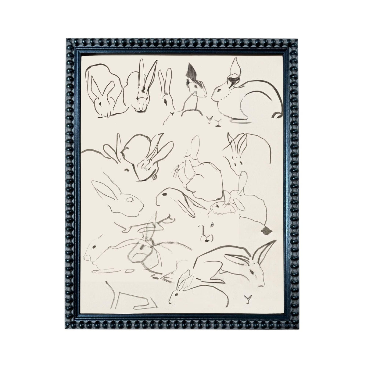 a collection of stylized rabbit illustrations, each with unique features and poses, arranged in a frame.