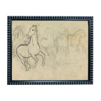 The image is a framed artwork depicting a group of horses in motion, with one horse in the foreground and others in the background.