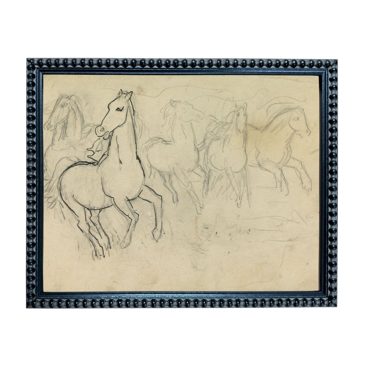 The image is a framed artwork depicting a group of horses in motion, with one horse in the foreground and others in the background.