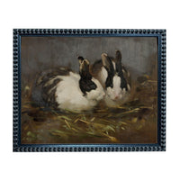 two rabbits sitting together in a natural setting, surrounded by grass and foliage.