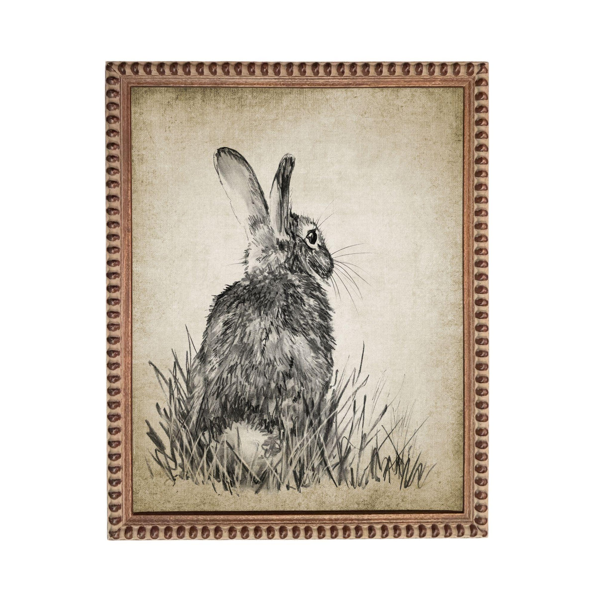 A black and white illustration of a rabbit sitting in tall grass.