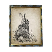 A black and white illustration of a rabbit or similar rabbit-like creature standing in tall grass.