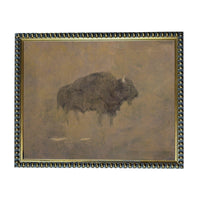 a large, dark-colored animal, possibly a bison or a buffalo, standing in a field.