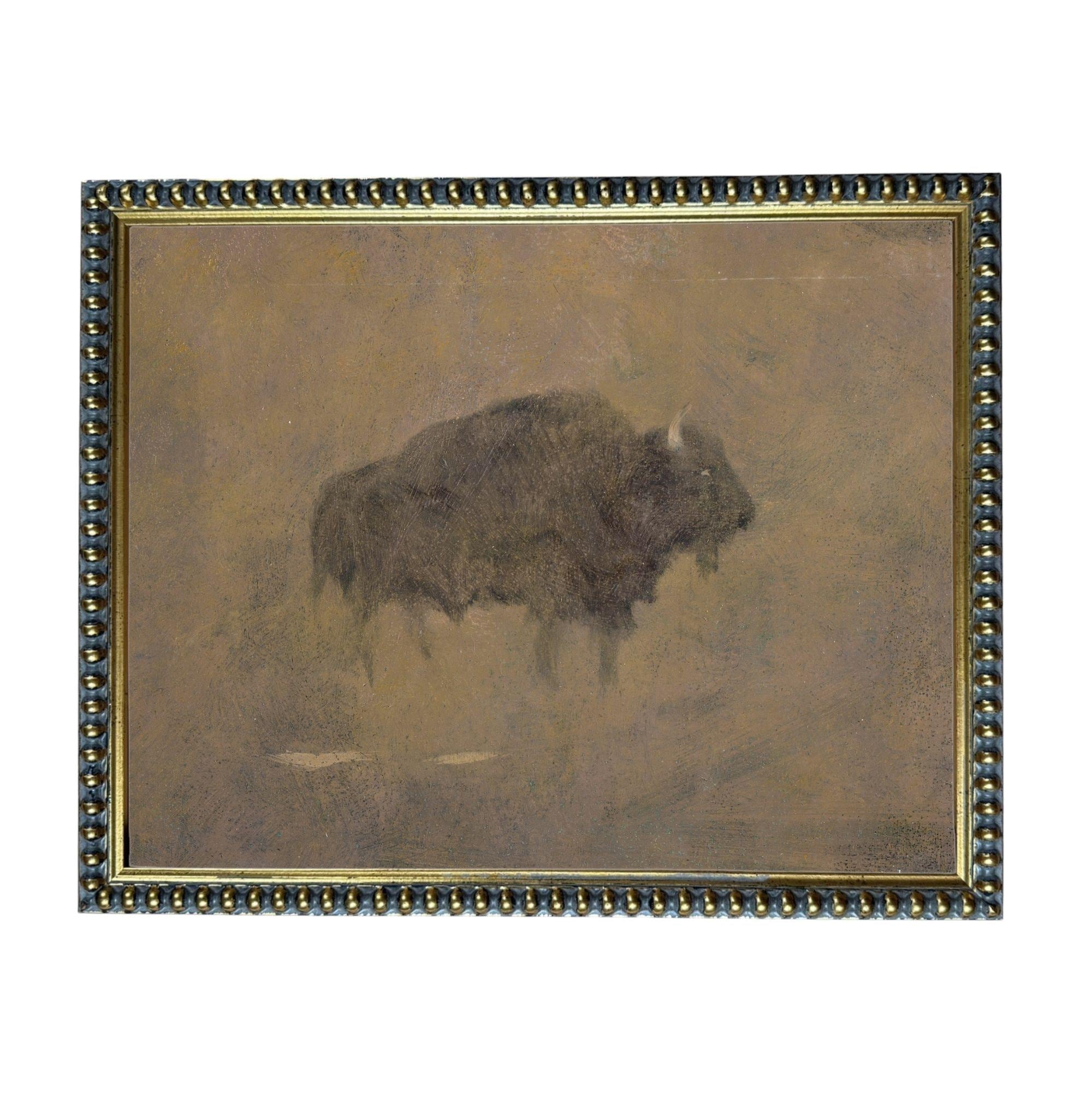 a large, dark-colored animal, possibly a bison or a buffalo, standing in a field.
