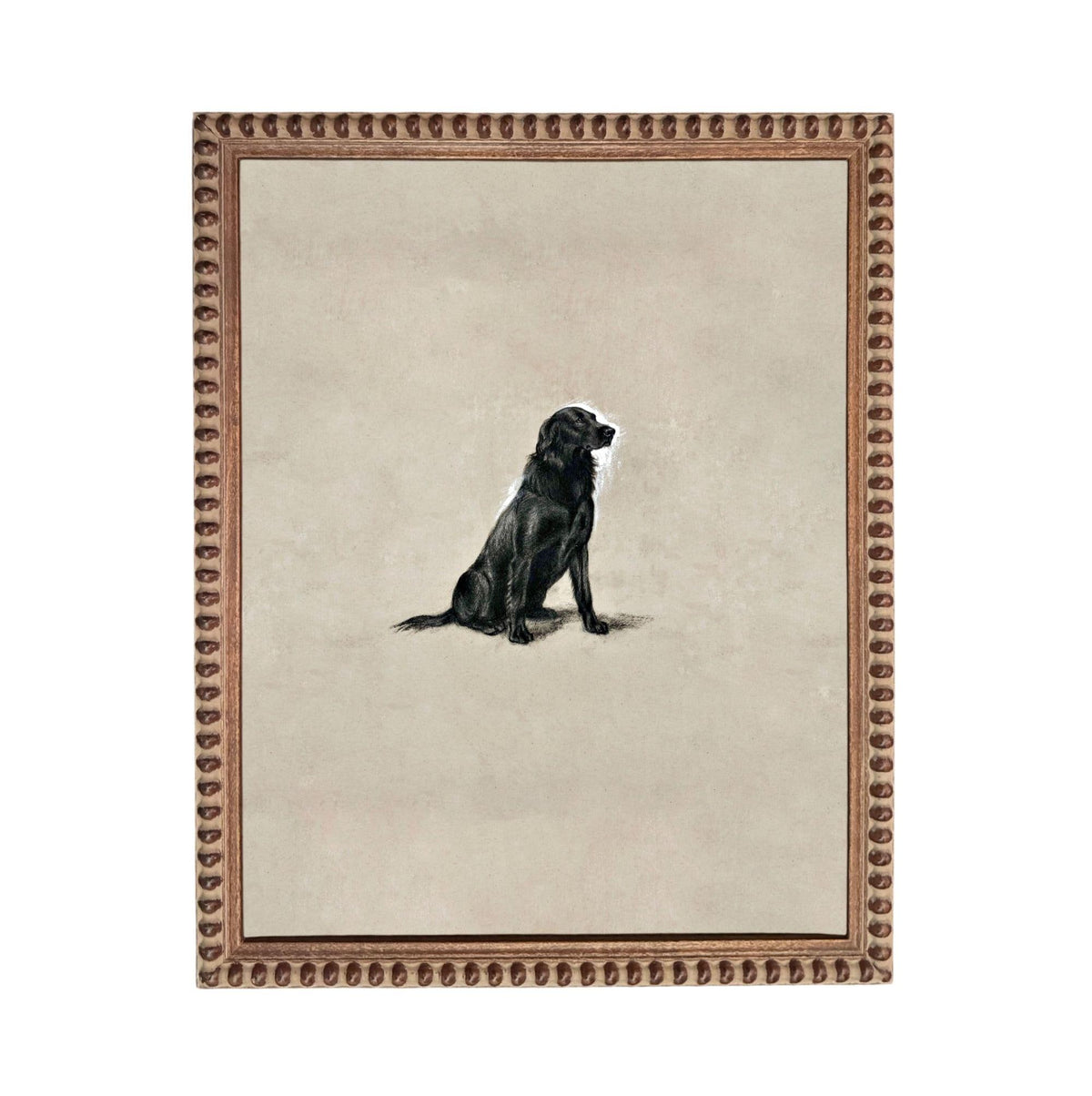 A black dog sitting on a beige background within a brown frame.