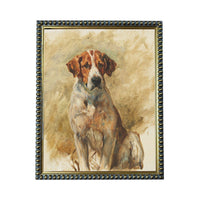 The image is a painting of a dog, likely a hunting dog, sitting in a field.