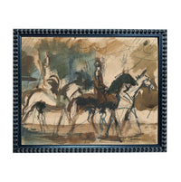 The image is a framed painting depicting a group of people riding horses in a field.