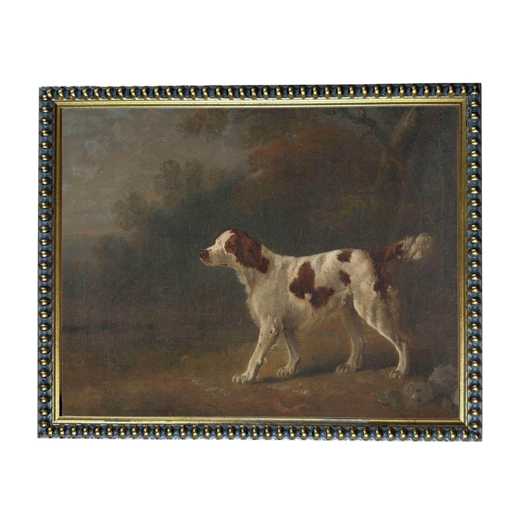 A painting of a white and brown dog standing in a field with trees in the background.