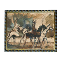 The image is a painting depicting a group of people riding horses in a field.