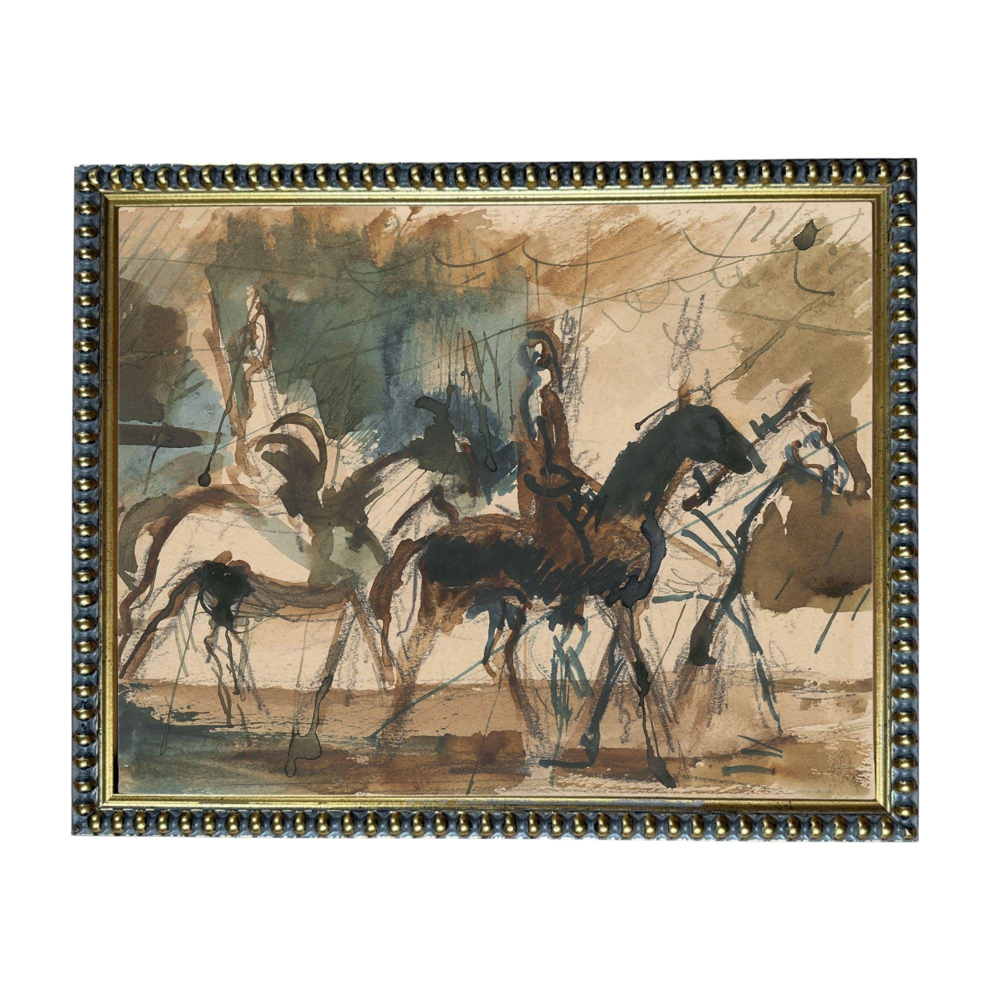 The image is a painting depicting a group of people riding horses in a field.