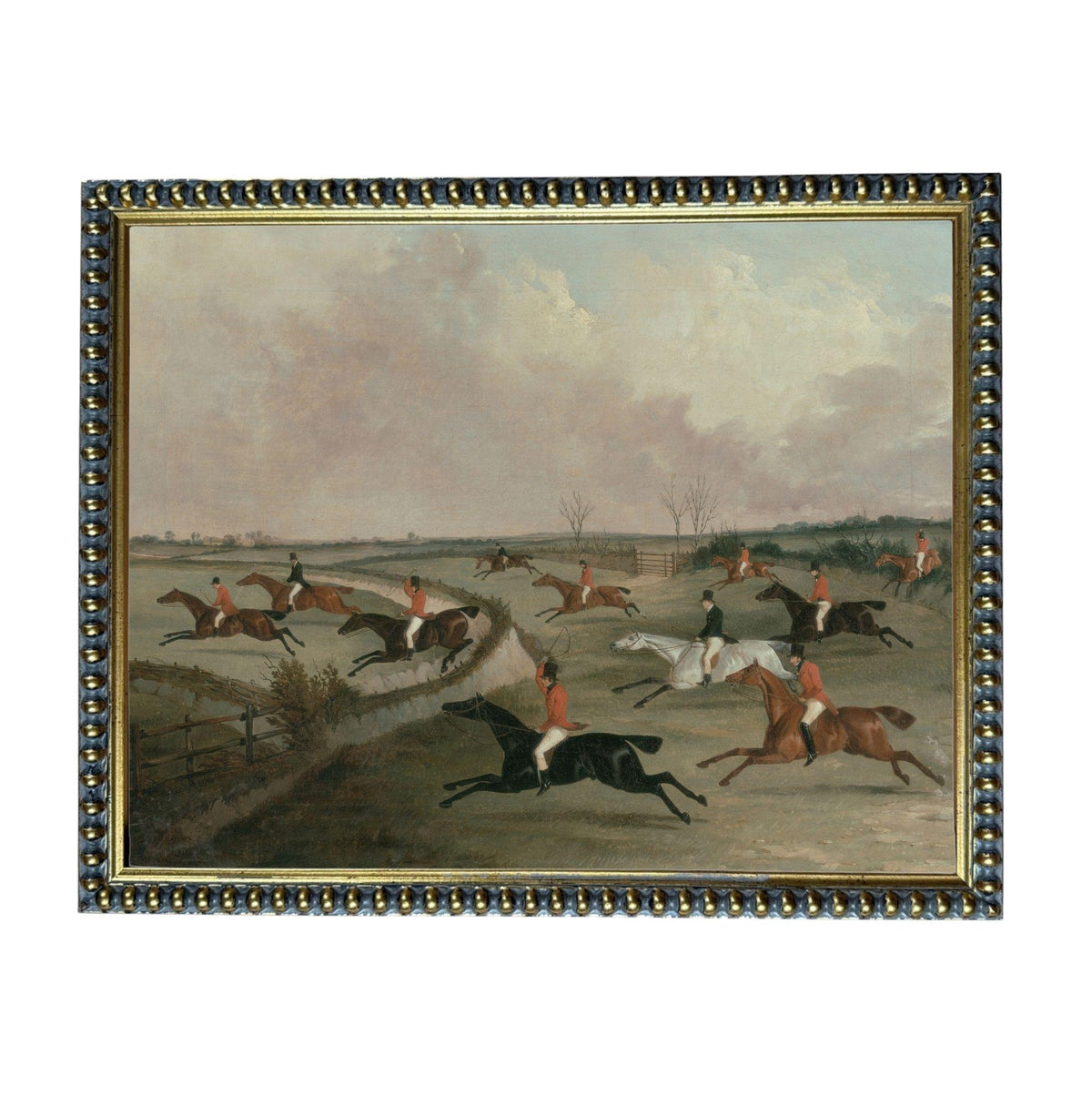 a group of people riding horses in a field, with some horses galloping and others running.