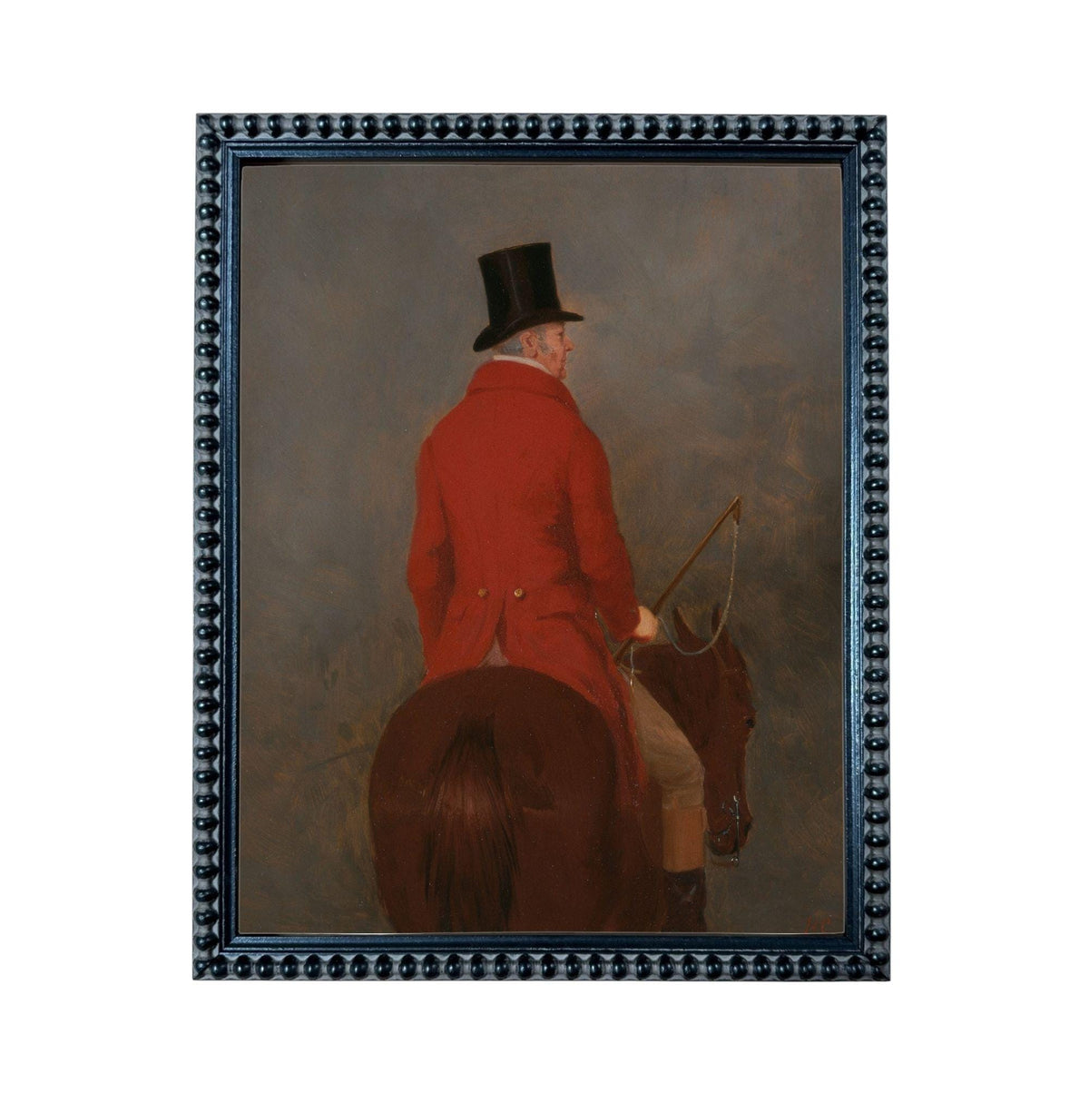 A man wearing a red coat and top hat is riding a brown horse.