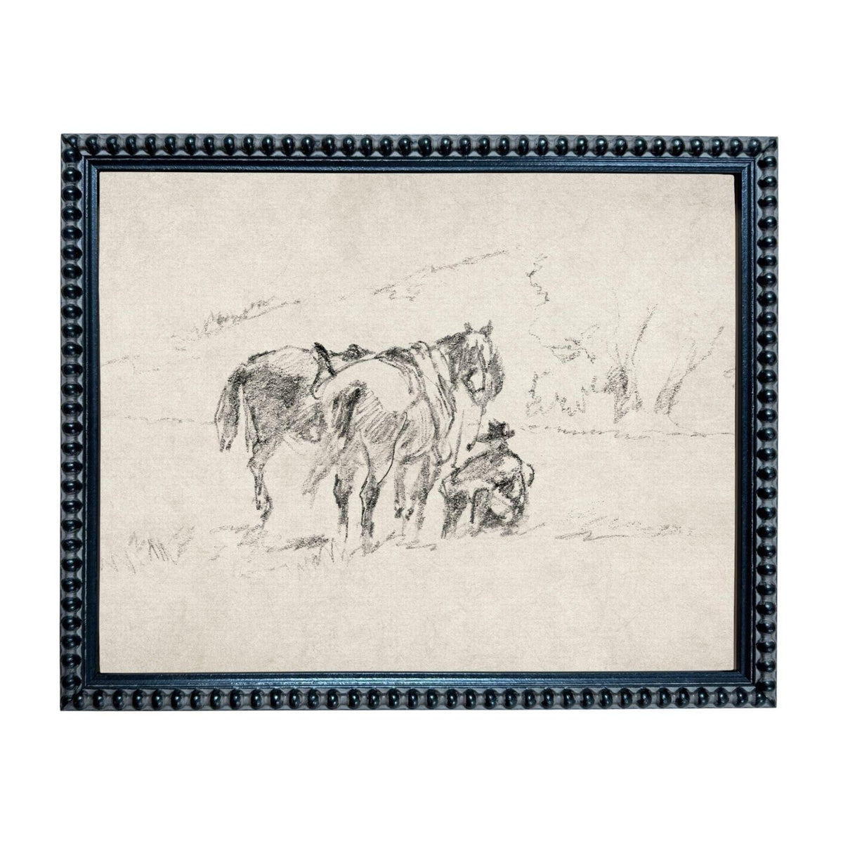 A black and white sketch of a horse and a person in a field.