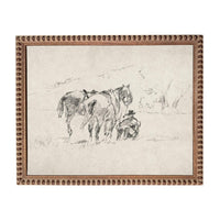 A black and white sketch of a horse and a person in a field.