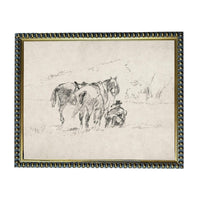 A black and white sketch of a horse and a person in a field.